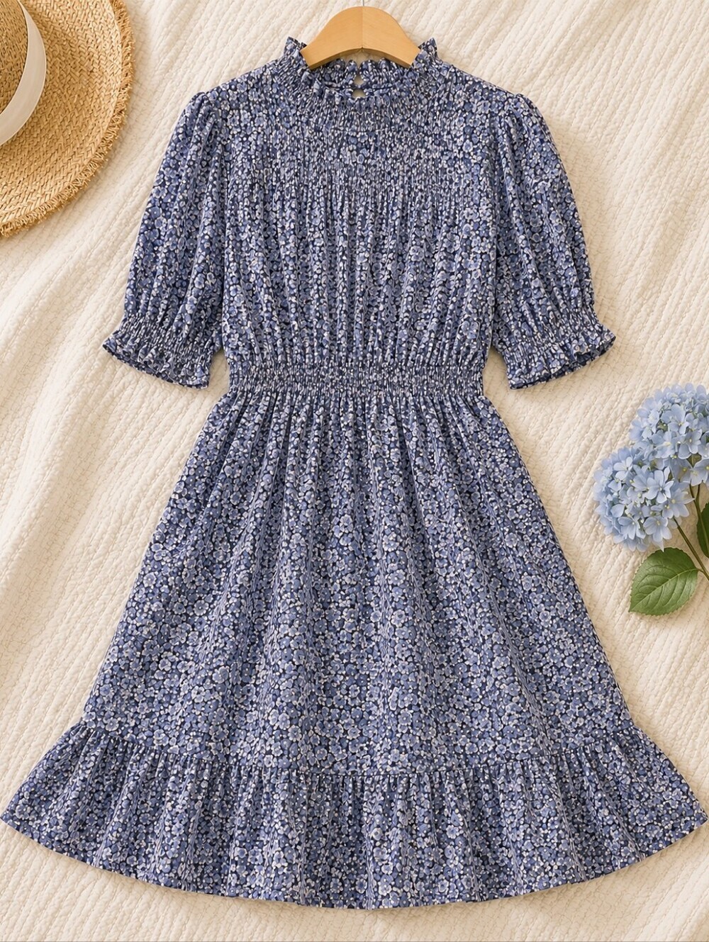 Hayden Cottagecore Blue Floral Smocked Midi Dress L